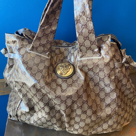 Gucci Top Handle Hysteria Bag Crystal Coated Large Beige Patent Gg Canvas Tote - Picture 5 of 12